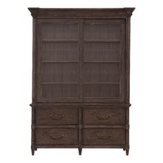 an old wooden bookcase with glass doors and drawers on the bottom, against a white background