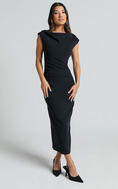 Get ready to turn heads in the stunning Carmilette Midi Dress. This black slip dress is perfect for any occasion, whether you're heading to work or hitting the town with your squad. The cowl neck adds a touch of elegance and sophistication, while the ruched jersey fabric hugs your curves in all the right places. With its short sleeves and midi length, this dress strikes the perfect balance between sexy and sophisticated. Made from high-quality nylon jersey material, it's comfortable enough for a Black Midi Formal Dress, Best Wedding Guest Dresses Classy, Black Formal Midi Dress, High Neck Black Dress, Graduation Inspiration, Chic Dressing, Evening Midi Dress, Pa School, Best Wedding Guest Dresses