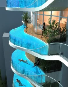 an image of people walking up and down the stairs in front of a swimming pool