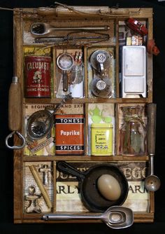 an old wooden box filled with assorted items