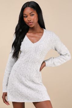 Grab your cutest booties and layer up your look with the Lulus Snuggly Chic Grey Cable Knit Long Sleeve Sweater Mini Dress! Soft and stretchy cable knit (with a heathered effect throughout) shapes this effortless sweater dress that has long sleeves and a bodice with a V-neckline. Fit-and-flare silhouette hugs the waist and falls to a mini hem. Ribbed knit accents the neckline and cuffs. Fit: This garment fits true to size. Length: Mid-thigh. Size medium measures 31.75" from shoulder to hem. Bust Chunky Sweater Dress, Sweater Mini Dress, Grey Sweater Dress, Long Sleeve Knit Dress, Mini Sweater Dress, Knit Long Sleeve, Knit Mini Dress, Knit Sweater Dress, Large Size Dresses