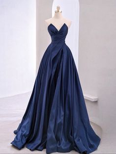 Sapphire Evening Gown, V Neck Blue Dress, Prom Dresses Blue Long, Satin Dark Blue Dress, Dark Blue Elegant Dress, Dark Blue Dress Formal, Midnight Blue Prom Dresses, Blue Long Formal Dress, Dark Blue Dresses