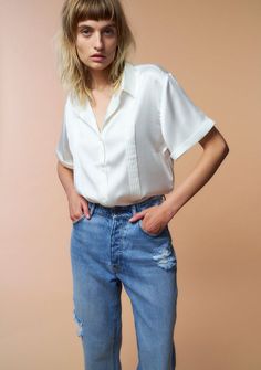 Silk button down short-sleeved shirt with pleated details. Cut in an oversized fit. Cuffed sleeves. Shown here in White. Wear with powerful energy. Button Up Outfit, Parisian Street Style, Australia Clothes, Parisian Street, Powerful Energy, Cargo Style, Style Pants, Low Rise Jeans, Denim Pant