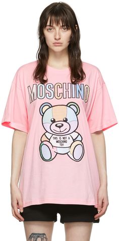 Cotton jersey T-shirt. · Rib knit crewneck · Textile graphic and logo appliqués at front Supplier color: Pink | Moschino Pink Cotton T-Shirt Pink Teddy Bear, Pink Mirror, Pink Teddy, Bear T Shirt, Knit Crewneck, Pink Cotton, Logo Graphic, Jersey T Shirt, Luxury Streetwear