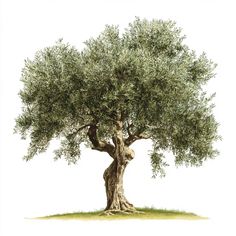 an olive tree with green leaves on the top and bottom branches, in front of a white background