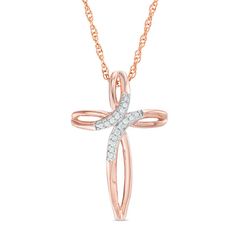 She'll adore the sophisticated look of this modern diamond cross pendant. Created in sterling silver with 14K rose gold plate, this graceful style features open looped ribbon edges. Sparkling diamonds highlight the bypass center. Radiant with 1/20 ct. t.w. of diamonds and a brilliant buffed luster, this pendant suspends along an 18.0-inch rope chain that secures with a spring-ring clasp. Rose Gold Diamond Cross Pendant Jewelry, Rose Gold Diamond Cross Pendant, Elegant Rose Gold Diamond Cross Necklace, Rose Gold Cross Necklace With Diamond Accents, Rose Gold Cross Jewelry With Diamond Accents, Rose Gold Cross Jewelry For Anniversary, Elegant Rose Gold Sterling Silver Cross Necklace, Silver Cross Jewelry, Cross Earring