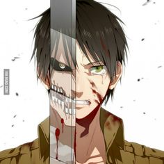 an anime character with green eyes and blood on his face