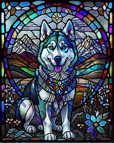 a husky dog sitting in front of a stained glass window