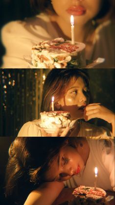 two women sitting next to each other in front of a cake with candles on it