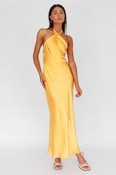 Italia Azure Crossover Halterneck Maxi Dress Sun Greek Inspired Dress Formal, Formal Beach Wedding Attire Guest, Yellow Wedding Guest Dress, Orange Bridesmaid Dress, Yellow Halter Dress, Silk Bridesmaid Dress, Orange Satin Dress, Azure Dress, Spring Formal Dresses