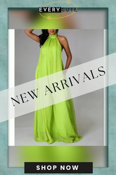 Fluorescent Green Halter Neck Backless Chiffon Wide Leg Jumpsuit Chiffon Jumpsuit, Jumpsuits And Romper, Jumpsuit Fashion, Halter Neckline, Wide Leg Jumpsuit, Halter Neck, Open Back, Jumpsuit Romper, Wide Leg