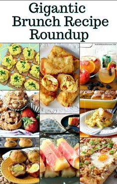 a collage of images with different types of food and drinks on them, including breads, muffins, pastries, fruit, and more