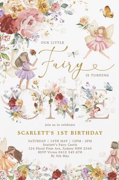 an image of a birthday party with flowers and fairy characters on the front, in gold foil