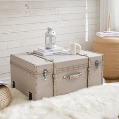 two suitcases sitting next to each other on top of a white fur covered floor