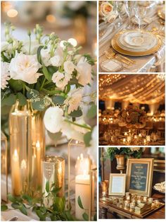 a collage of photos with candles and flowers in vases next to plates, napkins and other items