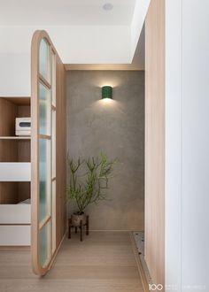 an empty room with a plant in the corner and shelves on either side that have bookshelves