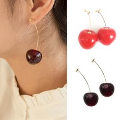 Realistic two-color Dark Red and Classic Red cherry drop earrings. Created with love and inspired by nature, these earrings by Innovato Design are perfect for any occasion.  Features: Material: Zync Alloy Colors: Dark Red, Red Long Crystal Earrings, Cherry Drop Earrings, Anime Earrings, Red Heart Earrings, Aesthetic Accessories, Cherry Earrings, Fruit Earrings, Tassel Jewelry, Red Cherry