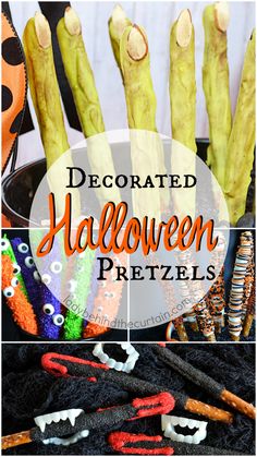 decorated halloween pretzels with text overlay