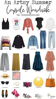 Summer 2025 Capsule Wardrobe, Artist Capsule Wardrobe, Capsule Wardrobe Maximalist, Colour Capsule Wardrobe, Artsy Spring Outfits, Summer Artsy Outfits, Maximalist Capsule Wardrobe, Artsy Summer Outfit, Artsy Wardrobe