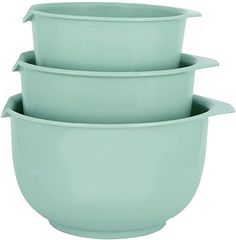 three bowls stacked on top of each other in different sizes and colors, one is light green