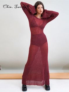 Beach Dress Women Sexy Bodycon Summer Long Sleeve Backless Party Female Maxi Dresses Ladies Hollow Out Knit Holiday Clothes Coachella 23, Aquarius Style, Wine Red Dress, Beach Crop Tops, Sea Dress, Holiday Maxi Dress, Holiday Skirts, Life Crisis, Womens Knit Dresses