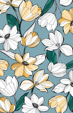 an abstract floral pattern with yellow and white flowers on a blue background, suitable for wallpaper or fabric