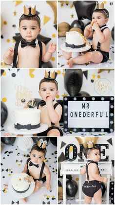 a collage of photos with a baby in a diaper eating cake and wearing a crown