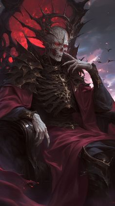 a skeleton sitting on top of a chair in front of a red sky with clouds