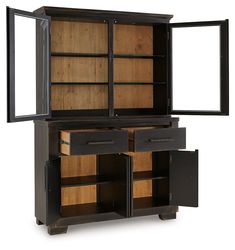 an open cabinet with two drawers and one door opened to show the inside of it