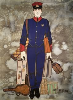 a painting of a man in blue uniform holding luggage and wearing a red beret