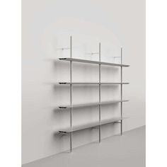 a white shelf with four shelves on each side and two empty shelves in the middle