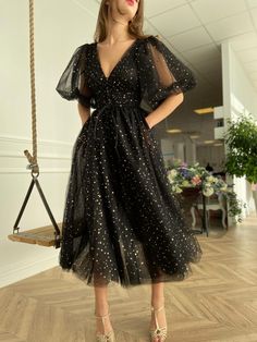 Starry Night Dress, Tea Length Prom Dress, Prom Dresses With Pockets, Evening Dresses With Sleeves, Lace Formal Dress, Party Kleidung, Custom Size Dresses, Black Prom, Short Prom Dress