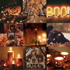 a collage with pumpkins, candles and lights in the shape of boo's