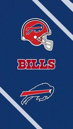 two bills logos on a blue and white striped background, one with a football helmet