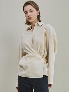 Soft and drapery, this relaxed fit shirt has classic open collars and button fastenings. It is accentuated with adjustable side button and strap detail for feminine fit.      - Intended for a loose fit  - Comfortable dropped shoulders  - Two-way styling with side button and strap detail  - Shirred detail at back  - Versatile styling and easy layering Glow Up Inspiration, Cross Shirts, Workout Shirts, Layering, Loose Fitting, Two Piece, Textiles, Relaxed Fit