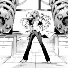 an anime character is standing in front of some speakers and holding her arms out to the side