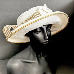 Elegant White And Gold Straw Hat From Brenda Waites Bolling, Made In Usa. Wide 4" Brim Trimmed In Metallic Gold Fabric. Adorned With Teardrop Shaped Faux Pears With Clear Rhinestone Detail. Ribbons Of Metallic Gold And White Straw Complete This Fabulous Look. Good Condition. Chic Fitted White Hat, Chic White Fitted Hat, White Fitted Straw Hat For Summer, White Fitted Hat With Curved Brim, Formal White Straw Hat With Curved Brim, Fitted White Hat With Curved Brim, Chic White Straw Hat For Formal Occasions, Formal Fitted Beige Straw Hat, Chic White Formal Straw Hat