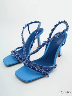 Lasaky - Stylish Blue PU Leather Beaded High Heel Sandals for Women - Perfect for Prom and Homecoming Events Rhinestone High Heels, Elegant Sandals, Prom Inspo, Heels Sneakers, High Fashion Outfits, Pu Heels, Slingback Shoes, Aesthetic Shoes, Buckle Sandals