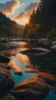 the sun is setting over some rocks in the water and trees are on the other side