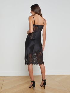 Our sexiest slip dress combines our signature silk with lingerie-inspired lace. • 100% silk charmeuse with floral lace insets• Deep V-neckline• Adjustable straps• Scalloped eyelash hem• No closures | L'AGENCE Diya Silk Lace Dress In Black Chic Lace Slip Dress With Lace Bodice, Chic Lace Bodice Slip Dress For Evening, Chic Evening Slip Dress With Lace Bodice, Silk Slip Dress With Lace Bodice For Evening, Evening Slip Dress With Lace Trim And Spaghetti Straps, Evening Lace Slip Dress With Contrast Lace, Evening Slip Dress With Contrast Lace, Chic Lace Slip Dress With Contrast Lace, Chic Lace Slip Dress With Contrast Detail