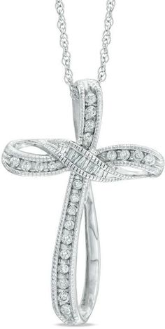 Zales 1/6 CT. T.W. Diamond Vintage-Style Looped Cross Pendant in 10K White Gold