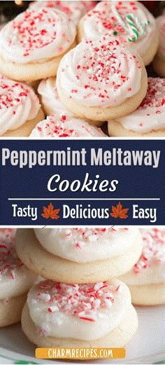 peppermint meltaway cookies with white frosting and sprinkles on top