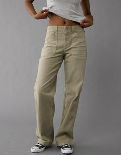 The it fit you need, with a high rise and wider leg from the thigh through the ankle. Womens Khaki Pants, Postpartum Pants, American Eagle Pants, Khaki Pants Women, Tan Jeans, Canvas Pants, Khaki Jeans, Tan Pants, Utility Pants