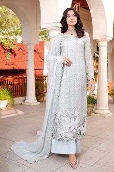 Pearl Shade Embroidered Floral Designed Pakistani Salwar Kameez Suit Chiffon Suit, Suit Pakistani, Pakistani Designer Clothes, Pakistani Salwar, Dress Salwar Kameez, Embellished Neckline, Chiffon Dresses, Unique Outfit, Chiffon Collection