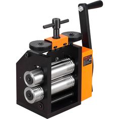 an orange and black machine with two different tools on it's back end, in front of a white background