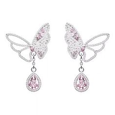 pair of pink and white cubicge earrings with butterfly wings on each side, set in 18k white gold