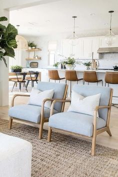 a living room filled with furniture next to a kitchen and dining room table covered in plants