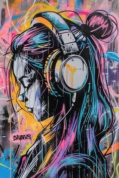 a painting of a woman with headphones on her face is painted in bright colors