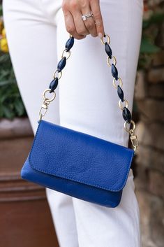 Customize your bag with a unique shoulder strap to reflect your personal style. Shoulder Strap length 17" Crossbody Strap length approx. 47" Gold finish mixed with resin links Elegant Blue Bag With Chain Detail, Blue Rectangular Bags With Chain, Blue Rectangular Bag With Chain, Blue Rectangular Bag With Chain Detail, Trendy Blue Bag With Chain Detail, Chic Blue Bag With Chain Detail, Chic Blue Bag With Chain, Everyday Bag With Adjustable Chain, Chic Blue Chain Bag