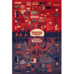 a poster with various things on it and the words strange things written in different languages